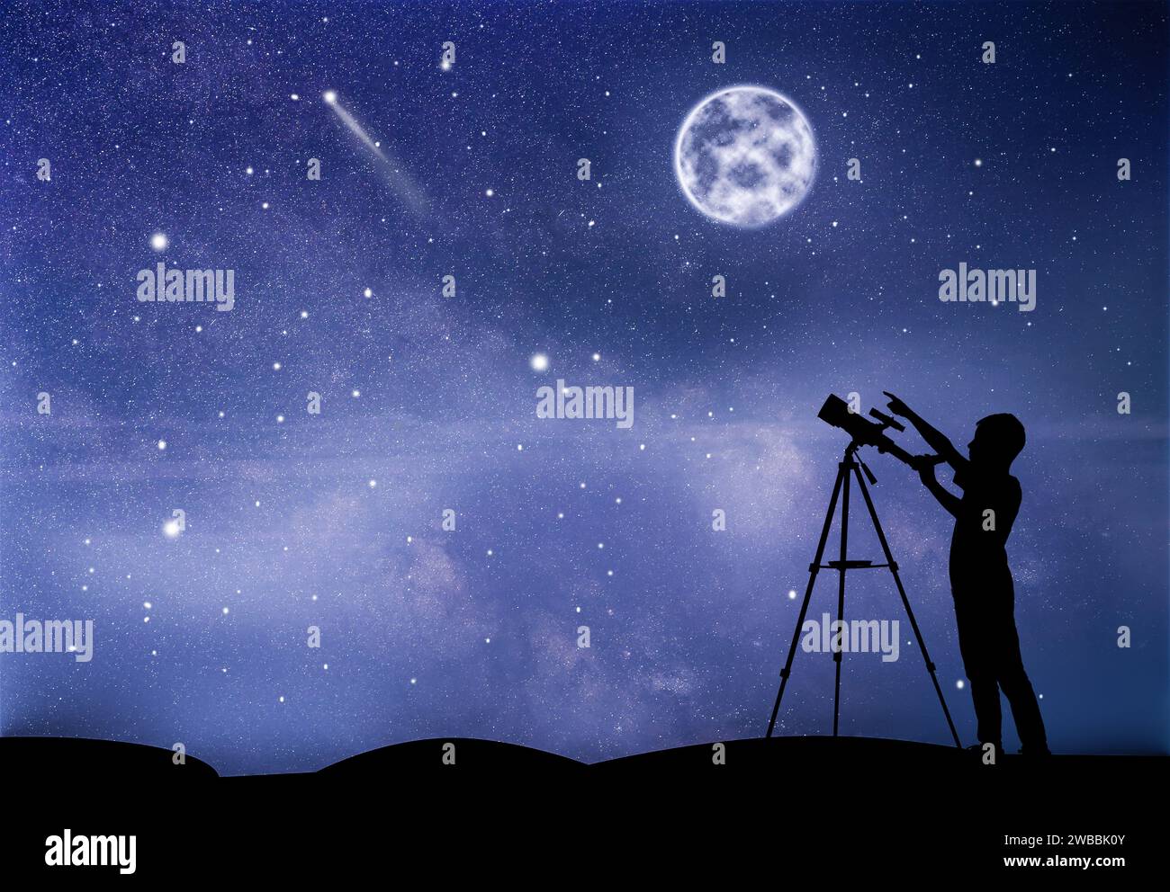 Astronomy. Little boy with telescope pointing at shooting star outdoors