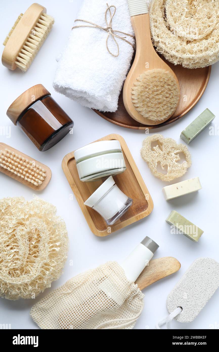 Bath accessories. Flat lay composition with personal care products on ...