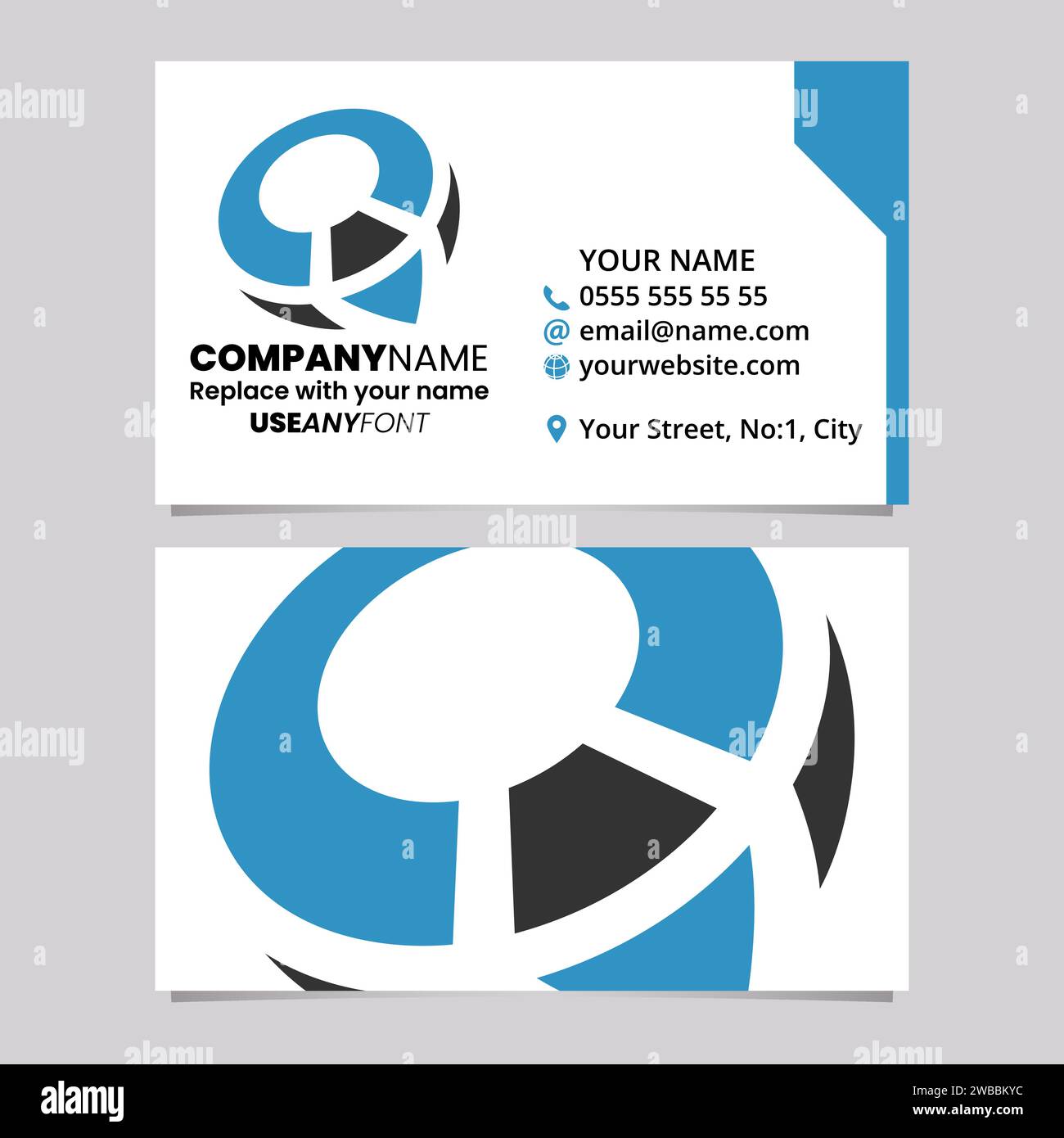 Blue and Black Business Card Template with Compass Shaped Letter Q Logo Icon Over a Light Grey Background Stock Vector