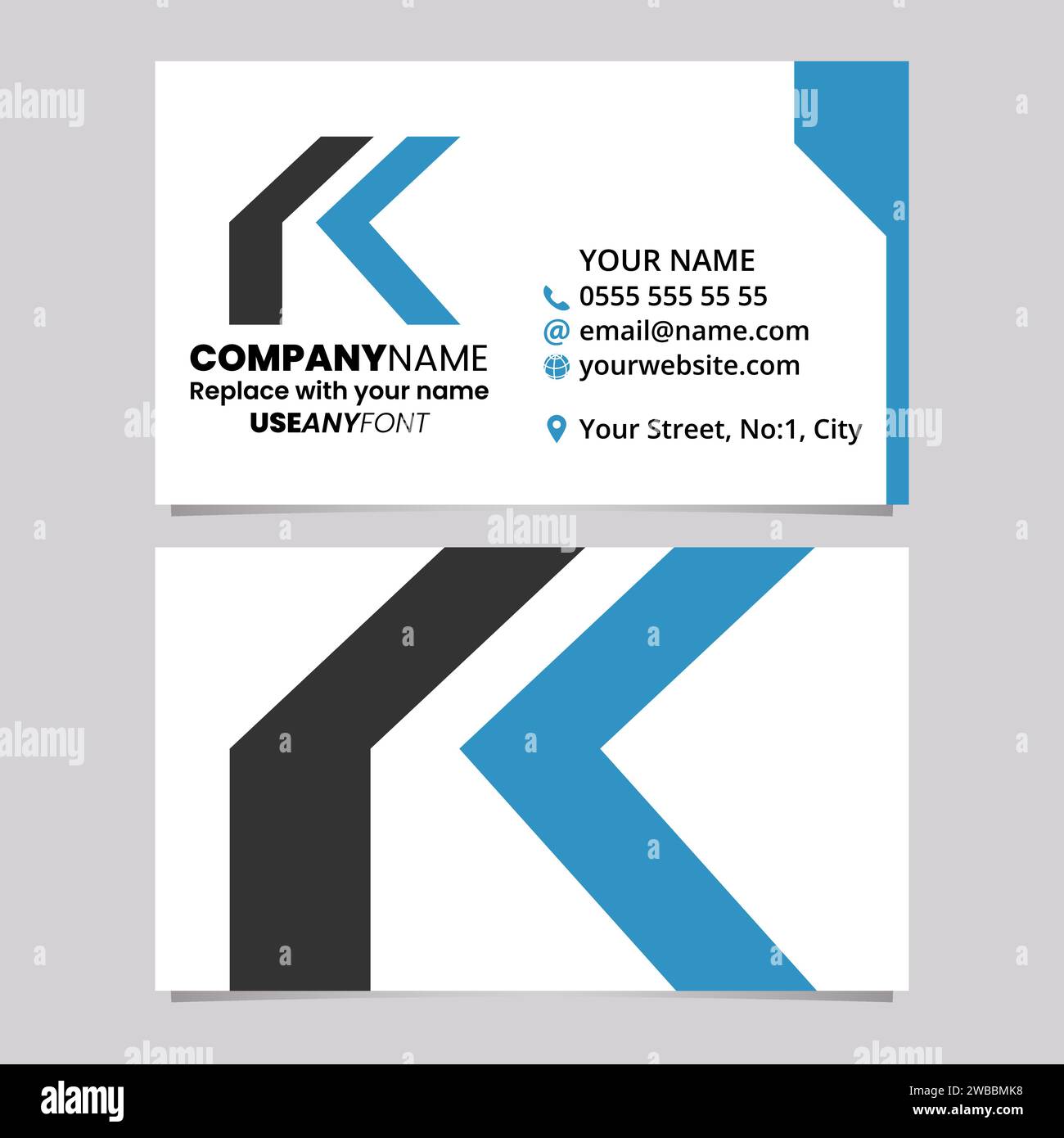 Blue and Black Business Card Template with Folded Letter K Logo Icon Over a Light Grey Background Stock Vector