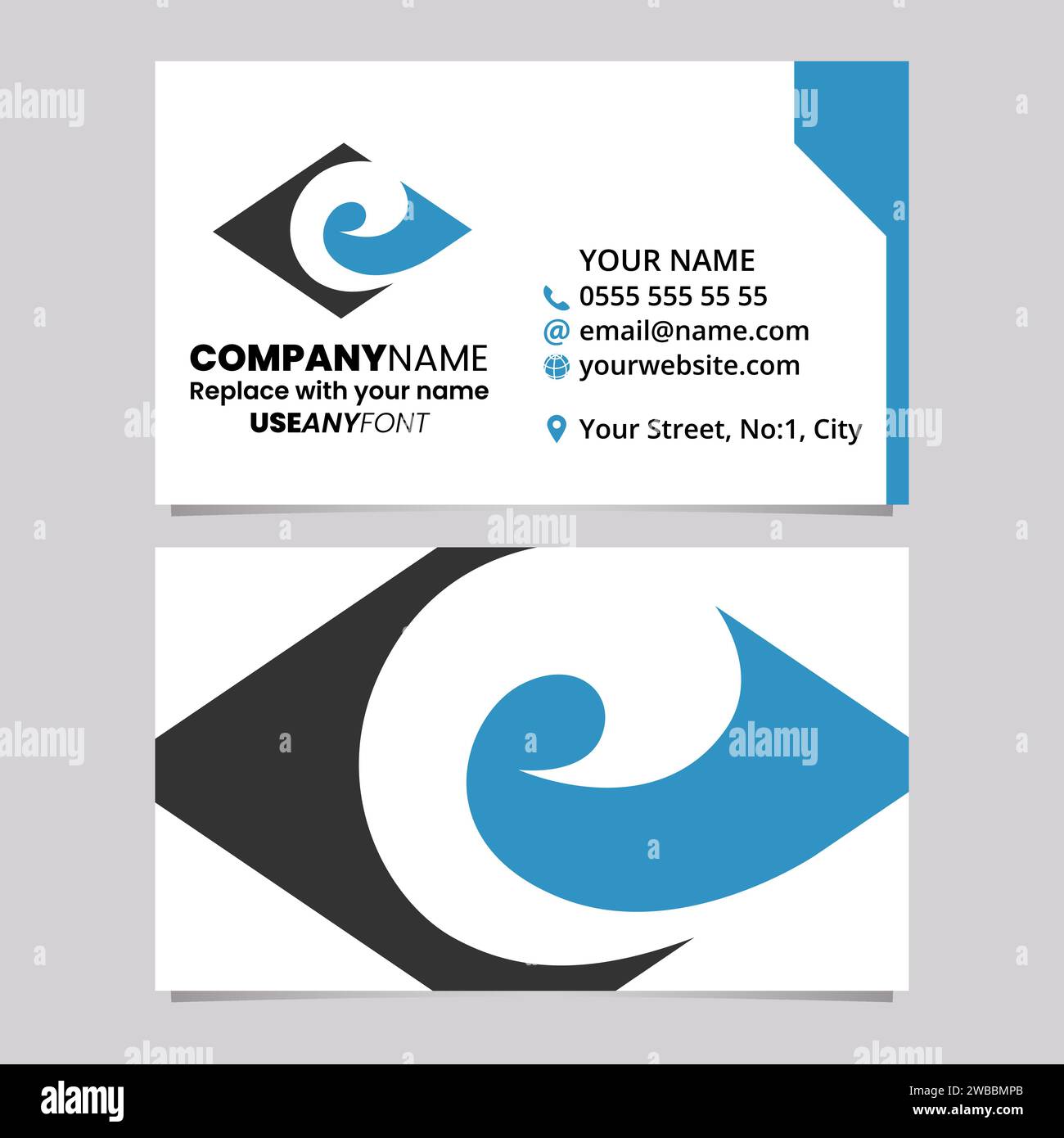 Blue and Black Business Card Template with Horizontal Diamond Shaped Letter E Logo Icon Over a Light Grey Background Stock Vector