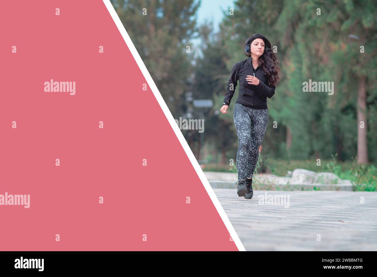Woman running on the path of a park. Active sporty latina female. Morning workout, Healthy lifestyle concept. Athletic sports exercises for athletic p Stock Photo
