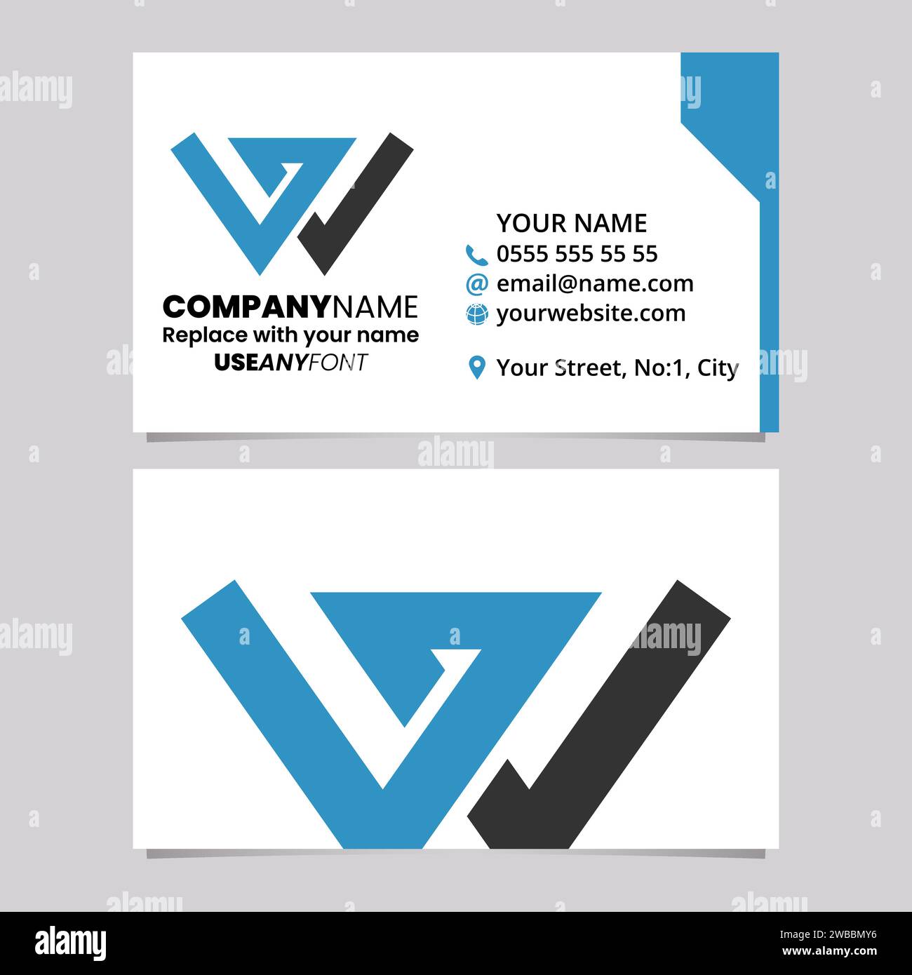 Blue and Black Business Card Template with Intersecting Lined Letter W Logo Icon Over a Light Grey Background Stock Vector