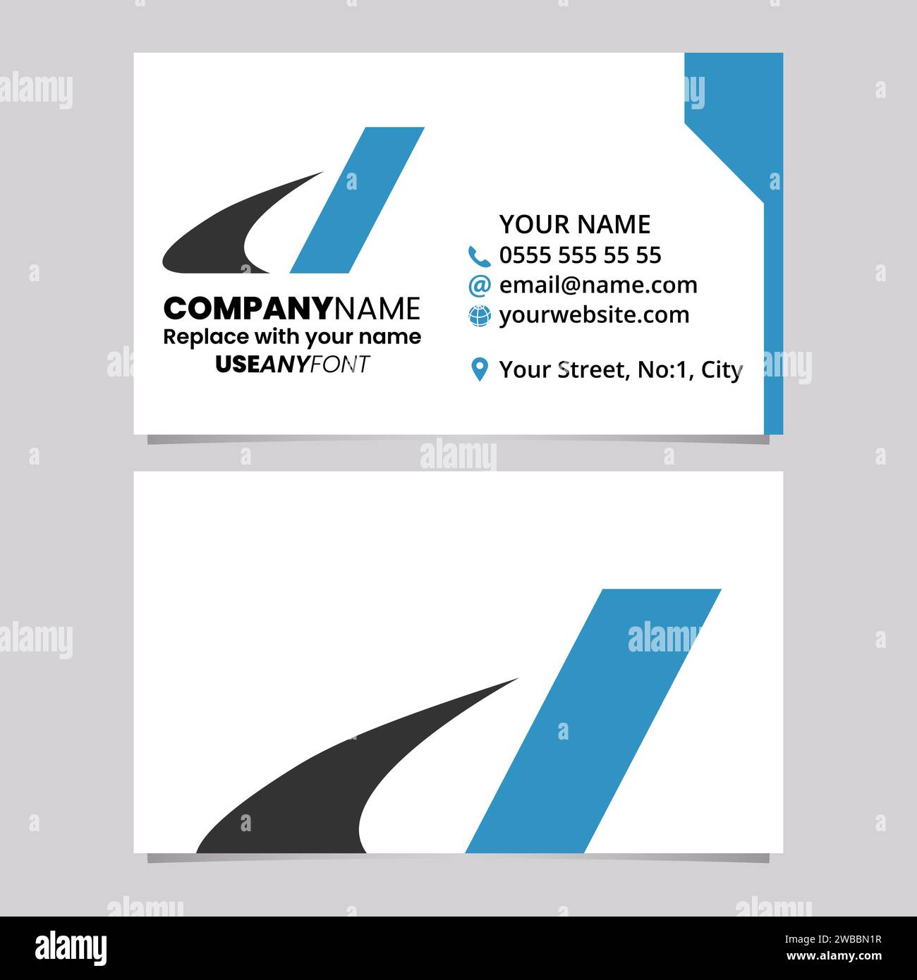 Blue and Black Business Card Template with Italic Swooshy Letter D Logo Icon Over a Light Grey Background Stock Vector