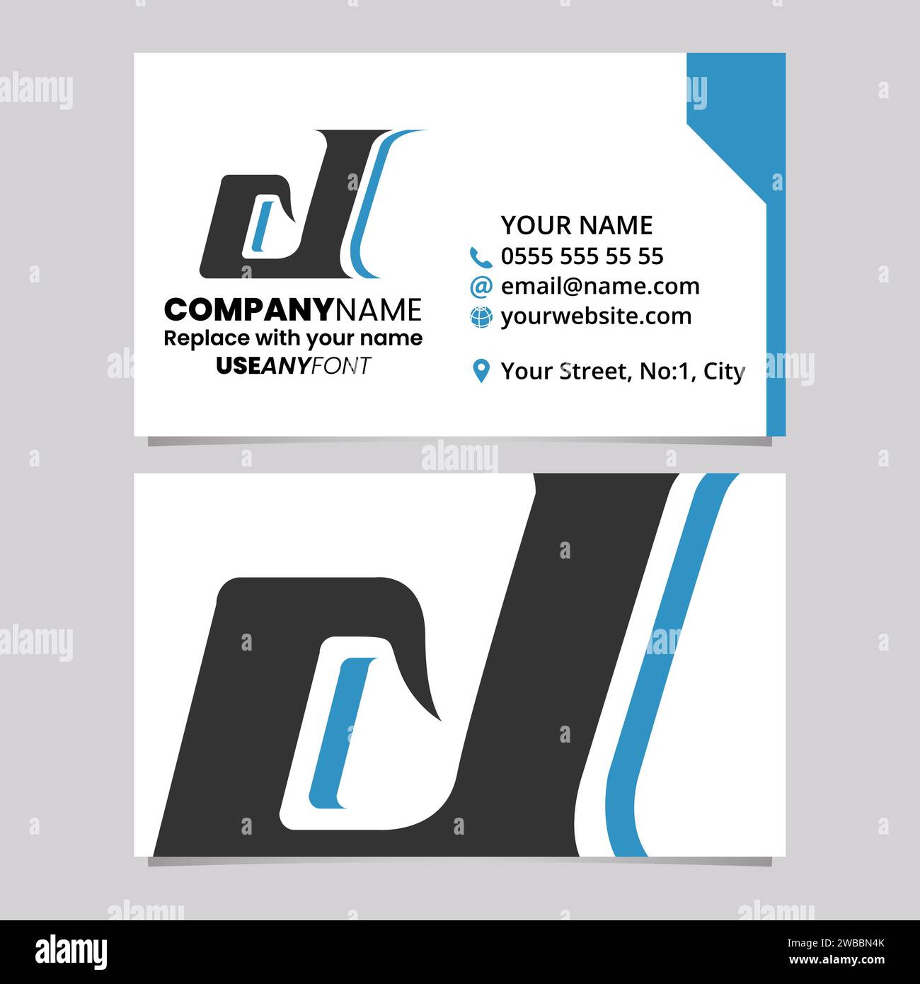 Blue and Black Business Card Template with Lowercase Italic Letter D Logo Icon Over a Light Grey Background Stock Vector