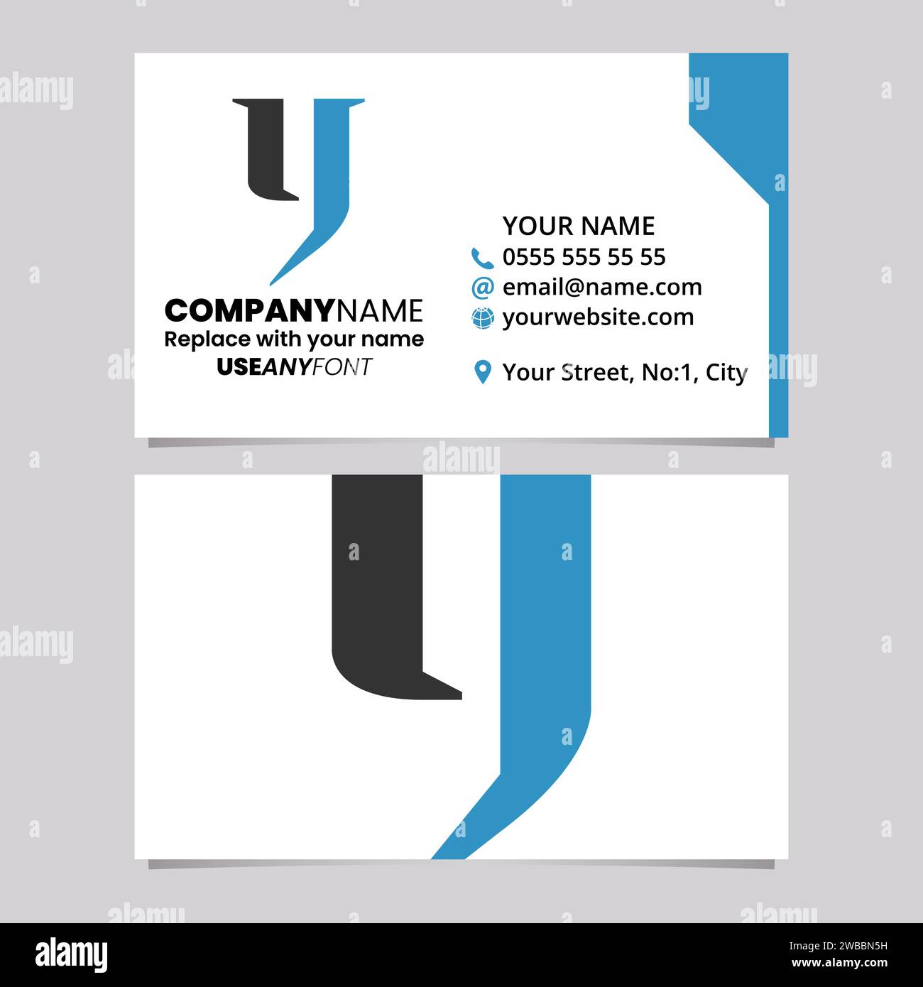Blue and Black Business Card Template with Lowercase Letter Y Logo Icon Over a Light Grey Background Stock Vector