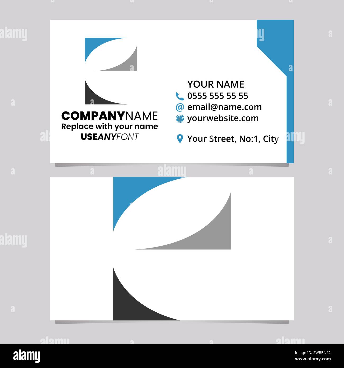 Blue and Black Business Card Template with Lowercase Letter E Logo Icon Over a Light Grey Background Stock Vector