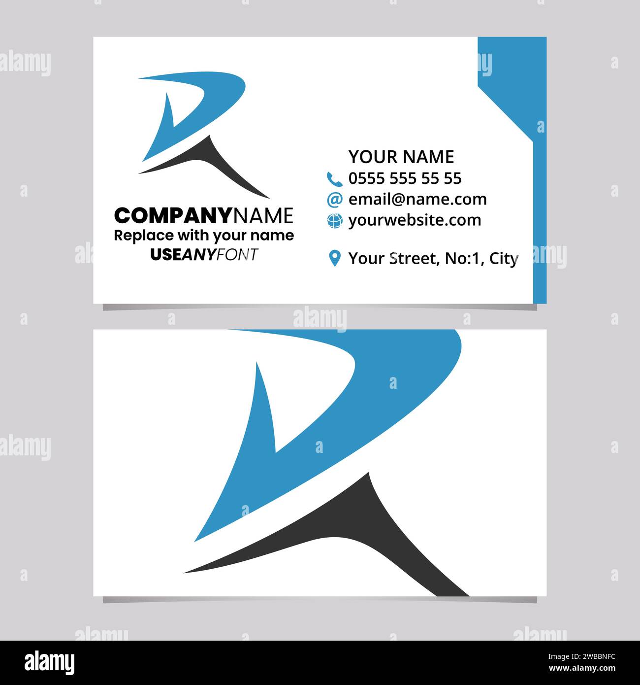 Blue and Black Business Card Template with Pointy Tipped Letter R Logo ...