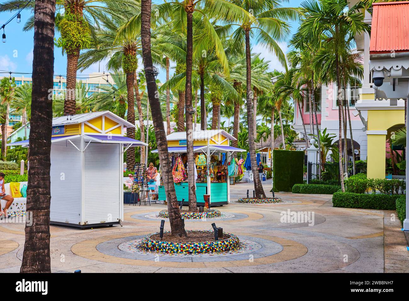 Vibrant Tropical Resort Shopping Area with Palm Trees, Nassau Stock Photo