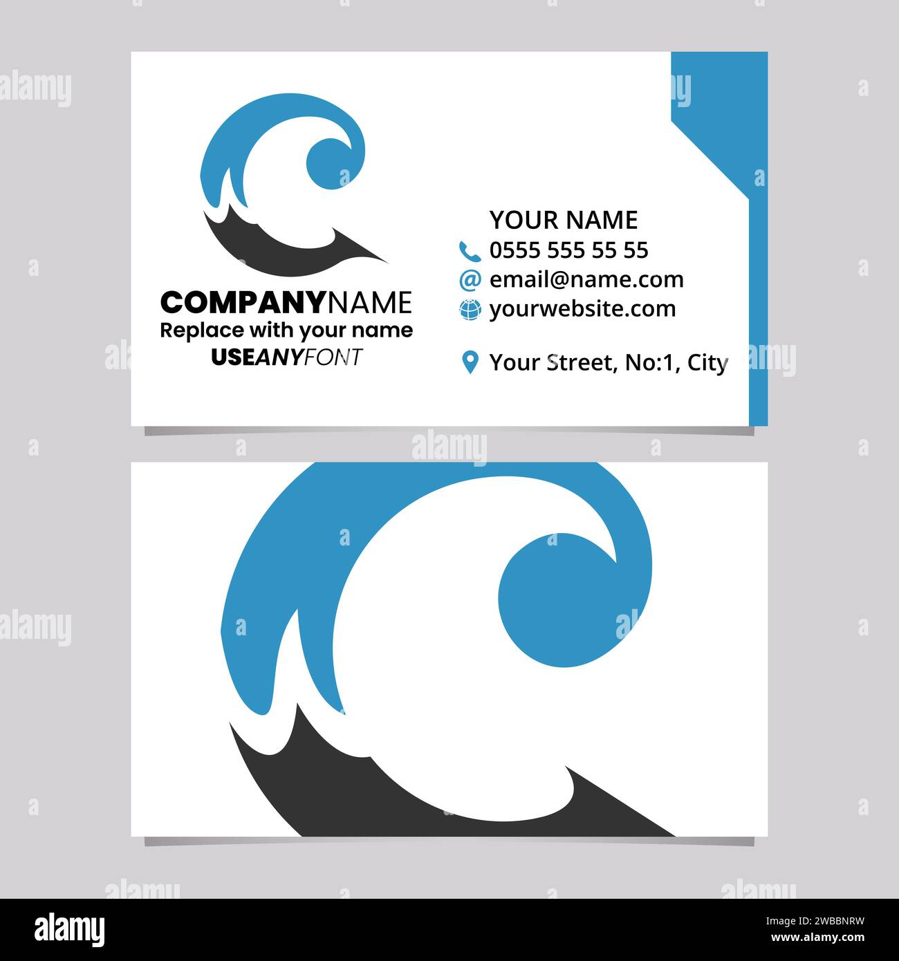 Blue and Black Business Card Template with Round Curly Letter C Logo Icon Over a Light Grey Background Stock Vector