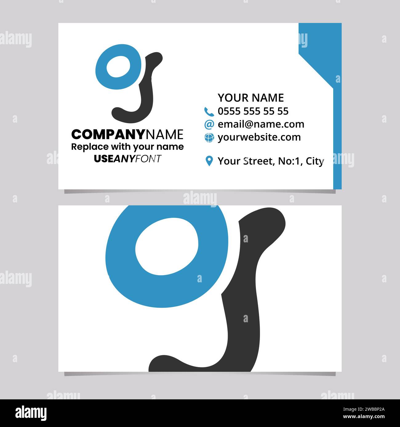 Blue and Black Business Card Template with Soft Round Shaped Letter G Logo Icon Over a Light Grey Background Stock Vector
