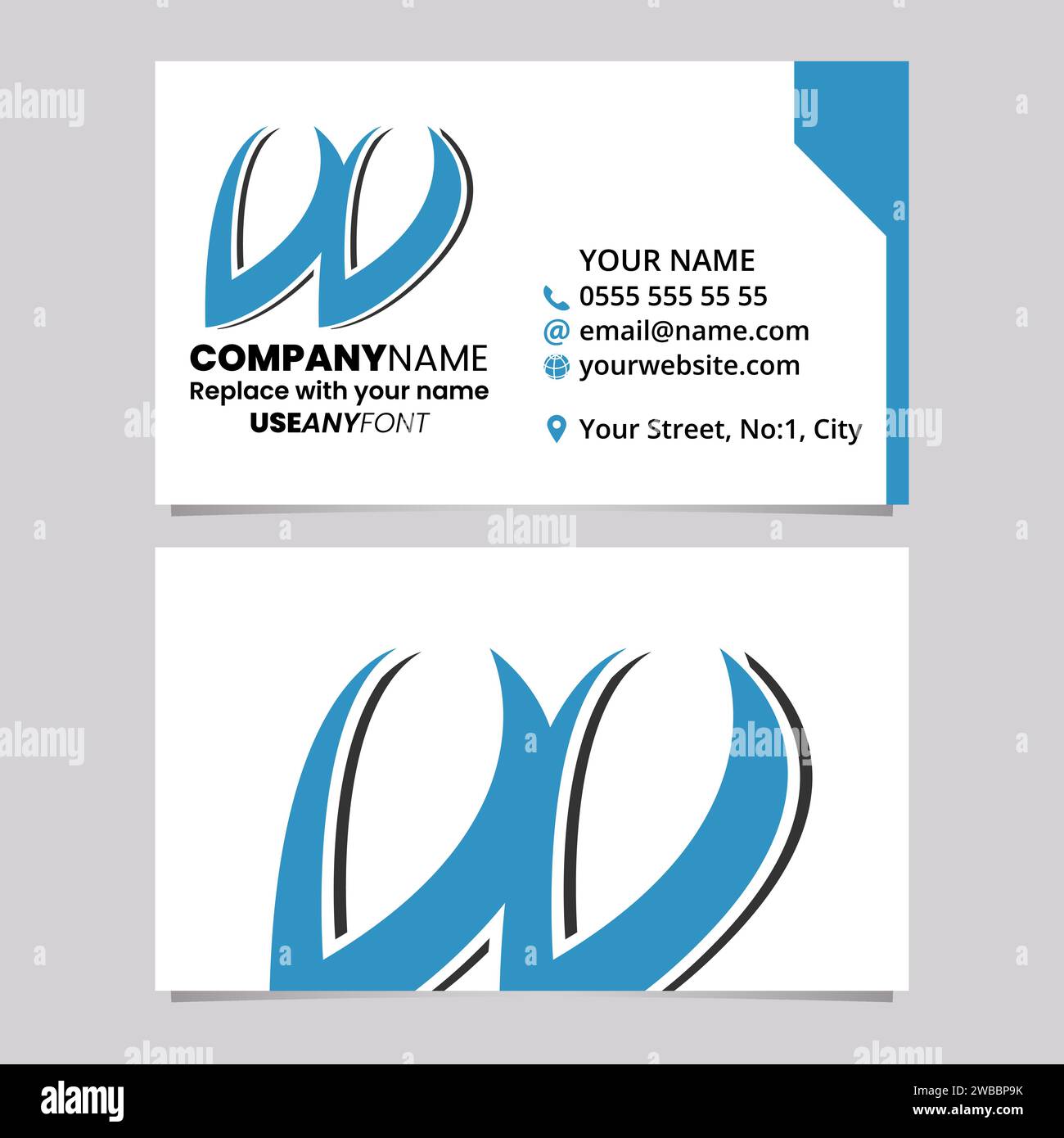 Blue and Black Business Card Template with Spiky Italic Letter W Logo Icon Over a Light Grey Background Stock Vector