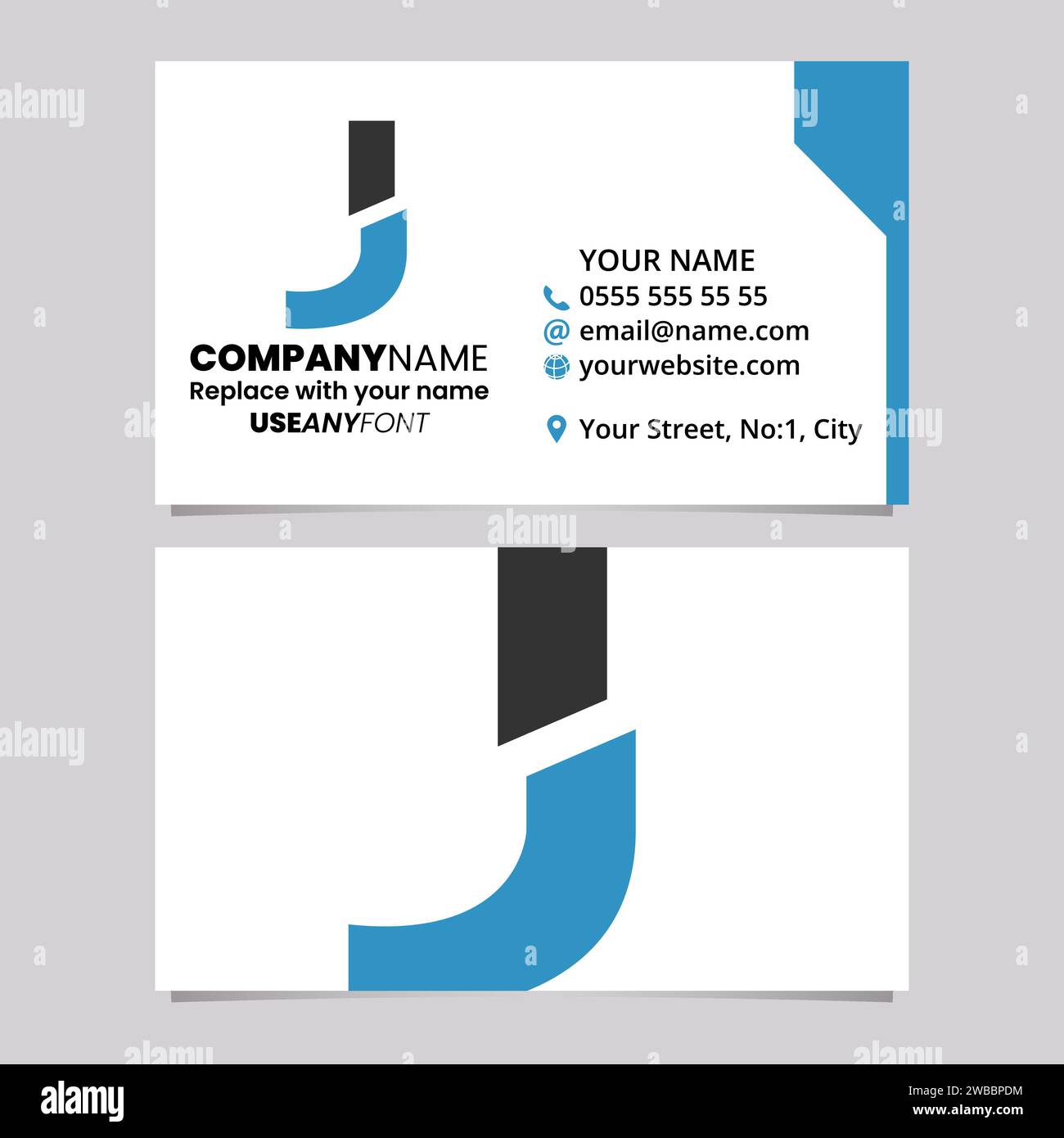 Blue and Black Business Card Template with Split Shaped Letter J Logo Icon Over a Light Grey Background Stock Vector