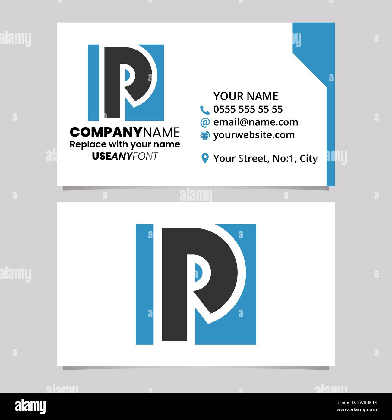 Blue and Black Business Card Template with Square Letter P Logo Icon Over a Light Grey Background Stock Vector