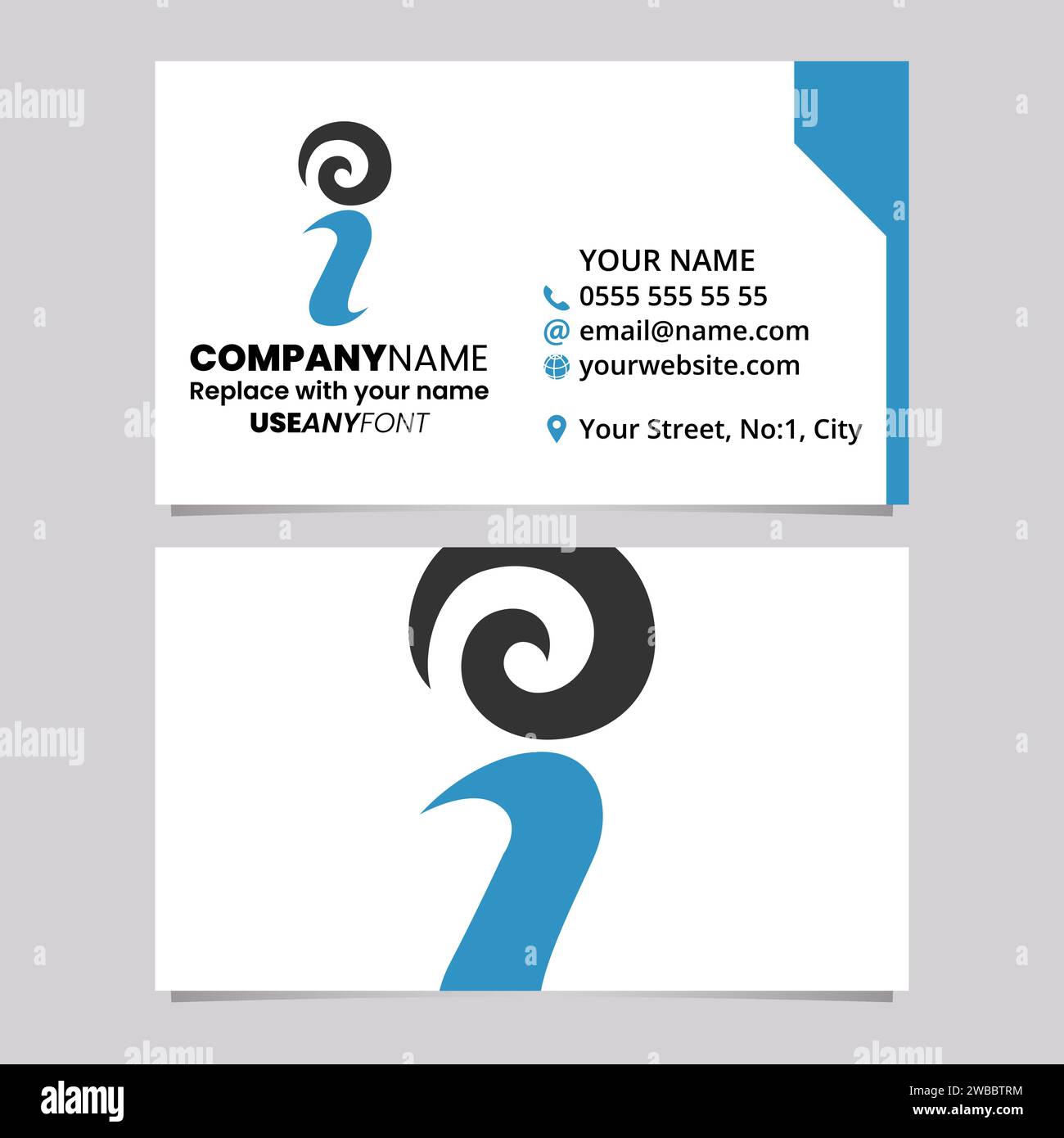 Blue and Black Business Card Template with Swirly Letter I Logo Icon Over a Light Grey Background Stock Vector