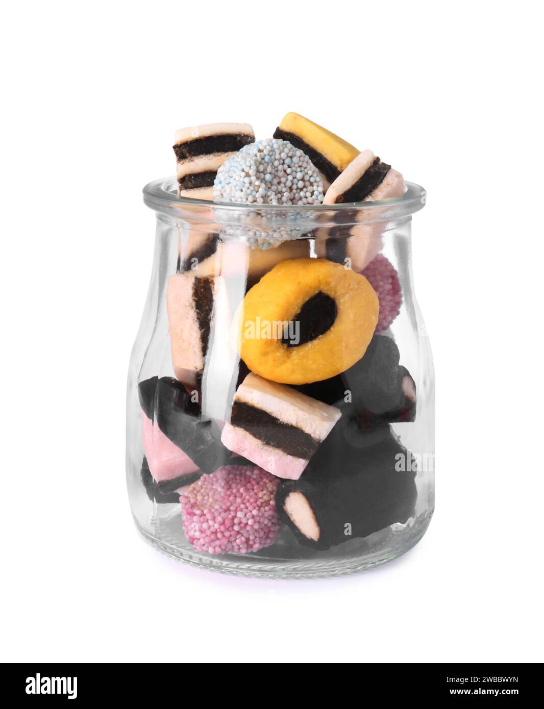 Glass jar of tasty liquorice candies isolated on white Stock Photo Alamy