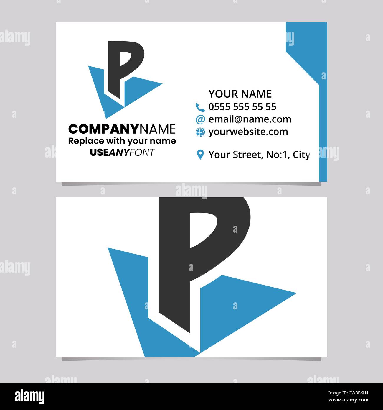 Blue and Black Business Card Template with Triangle Letter P Logo Icon Over a Light Grey Background Stock Vector