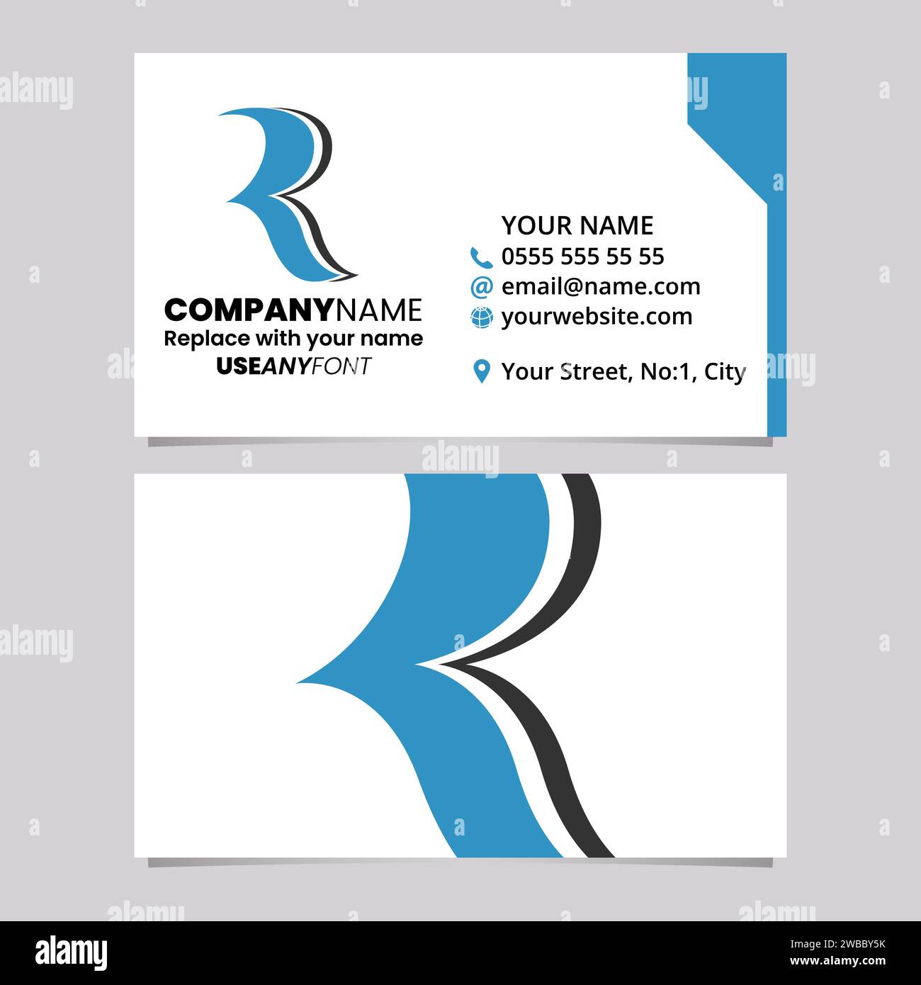 Blue and Black Business Card Template with Wavy Shaped Letter R Logo ...