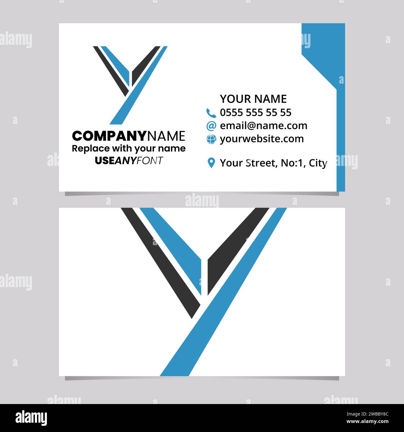 Blue and Black Business Card Template with Uppercase Letter Y Logo Icon Over a Light Grey Background Stock Vector