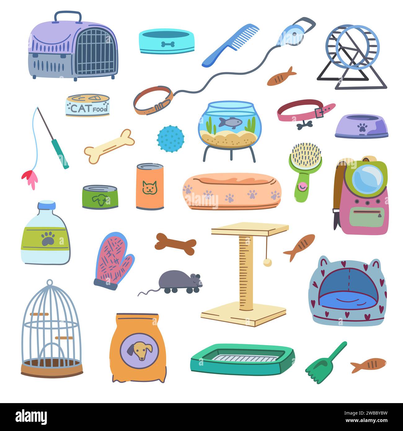 Set of pet supplies. Elements of veterinary and pet shop elements, food, toys, cages, beds. Vector illustration Stock Vector