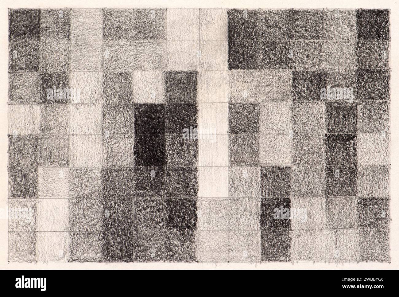Monochrome square pattern composition with a rough texture background. Charcoal pencil drawing on paper. Stock Photo