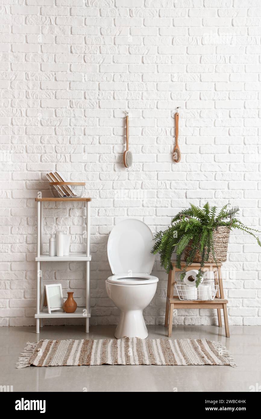 Interior of light restroom with ceramic toilet bowl, shelving unit and ...