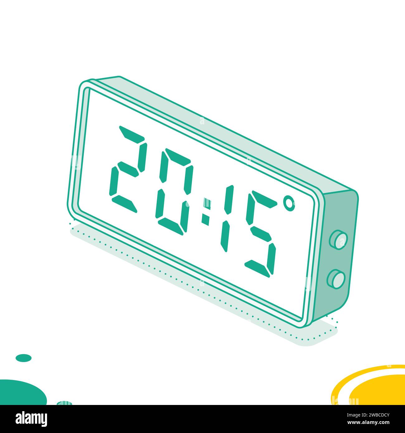 Isometric desktop electronic clock with large LED display. White body. Digital alarm clock icon isolated on white background. Electronic watch. Time i Stock Vector
