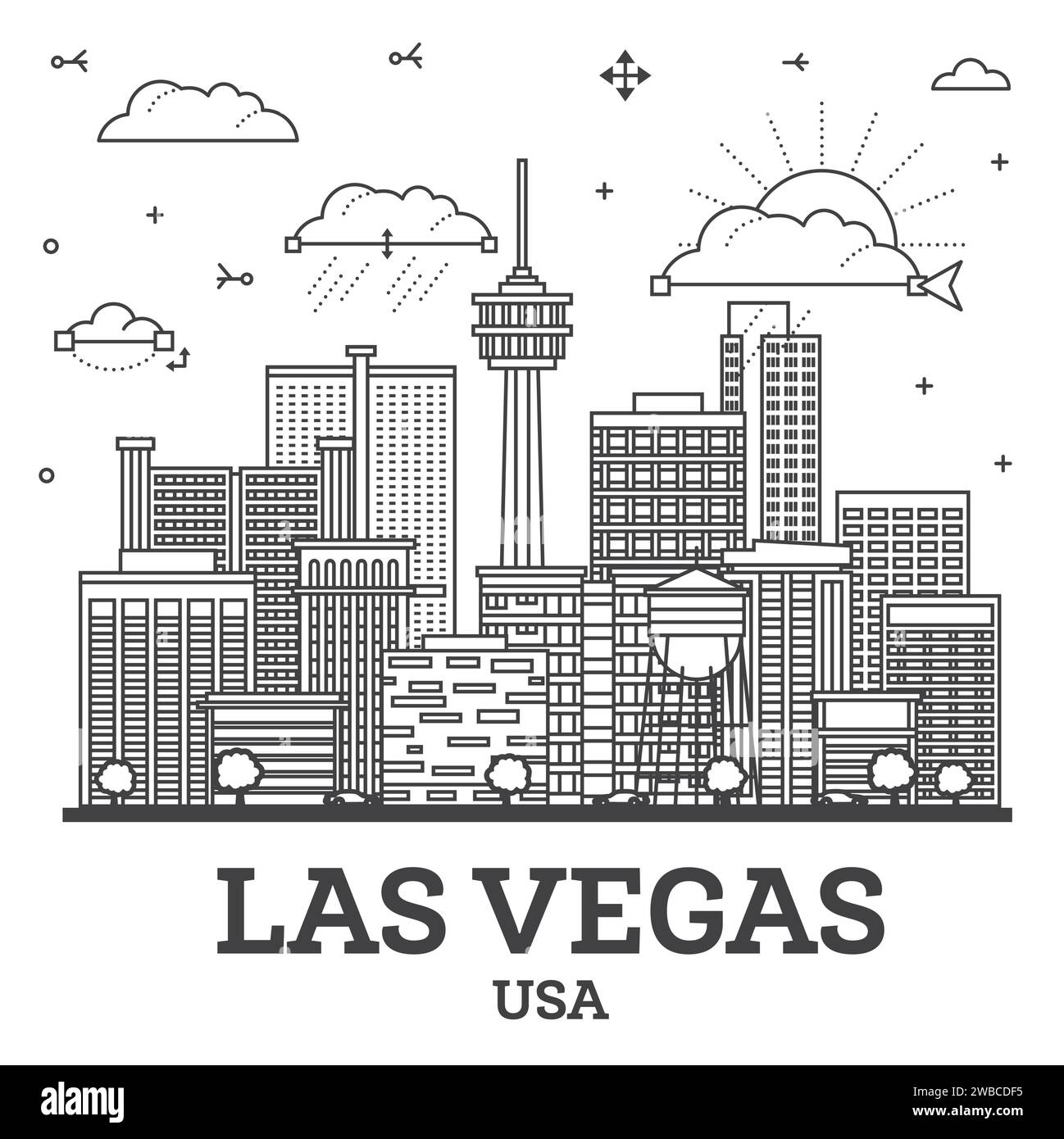 Outline Las Vegas Nevada City Skyline with Modern and Historic Buildings Isolated on White. Vector Illustration. Las Vegas USA Cityscape with Landmark Stock Vector
