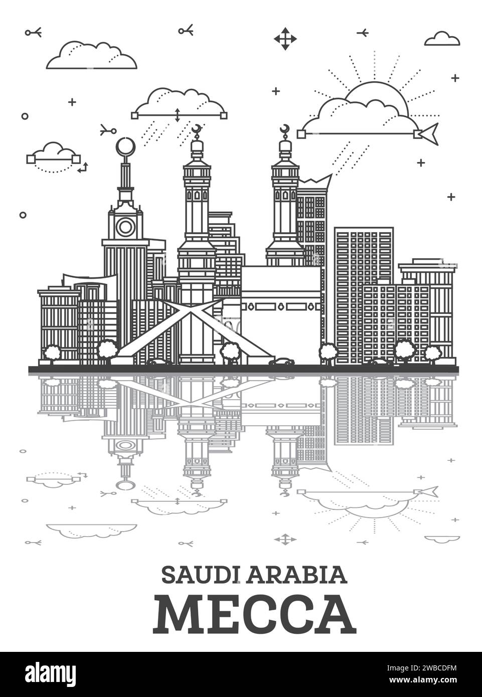 Outline Mecca Saudi Arabia city skyline with modern buildings and