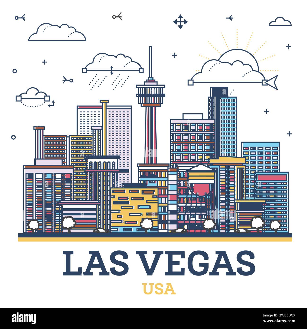 Outline Las Vegas Nevada City Skyline with Colored Modern and Historic Buildings Isolated on White. Vector Illustration. Las Vegas USA Stock Vector