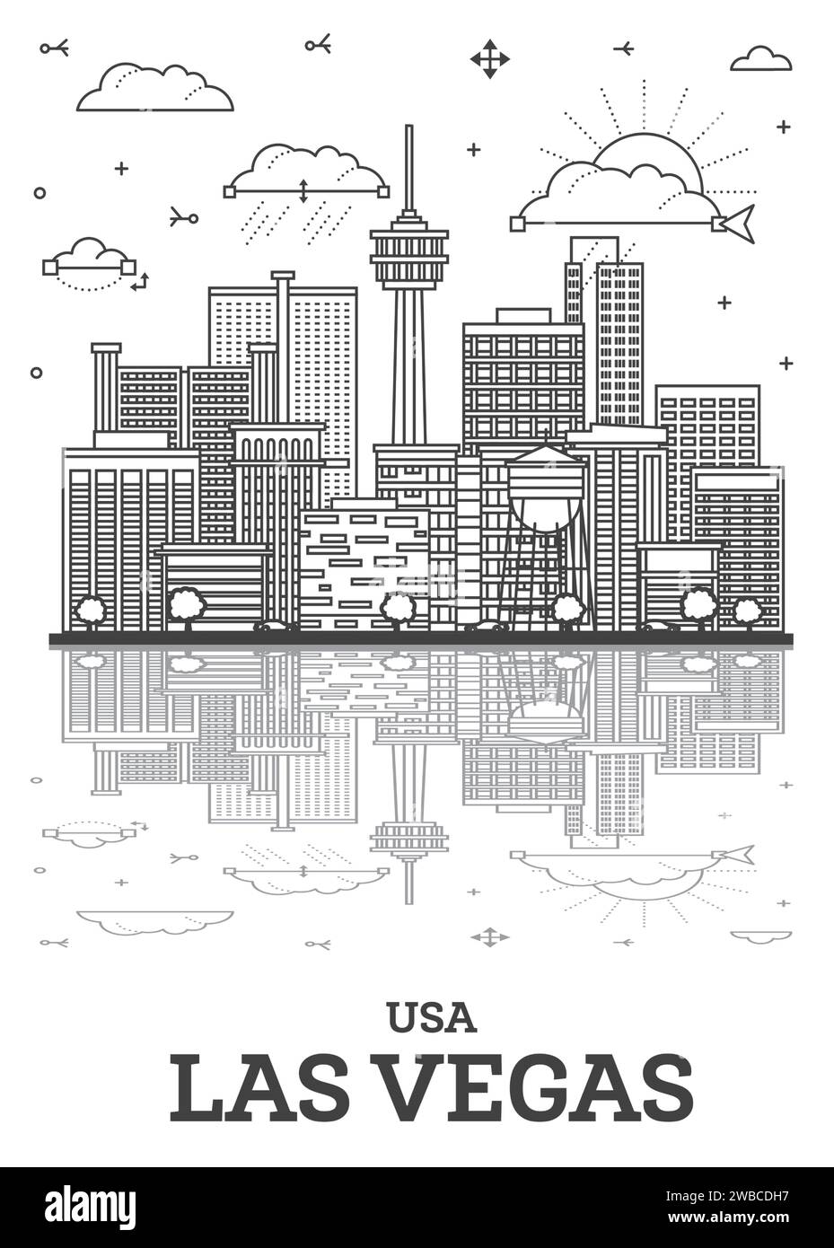 Outline Las Vegas Nevada City Skyline with Modern Buildings and Reflections Isolated on White. Vector Illustration. Las Vegas USA. Stock Vector