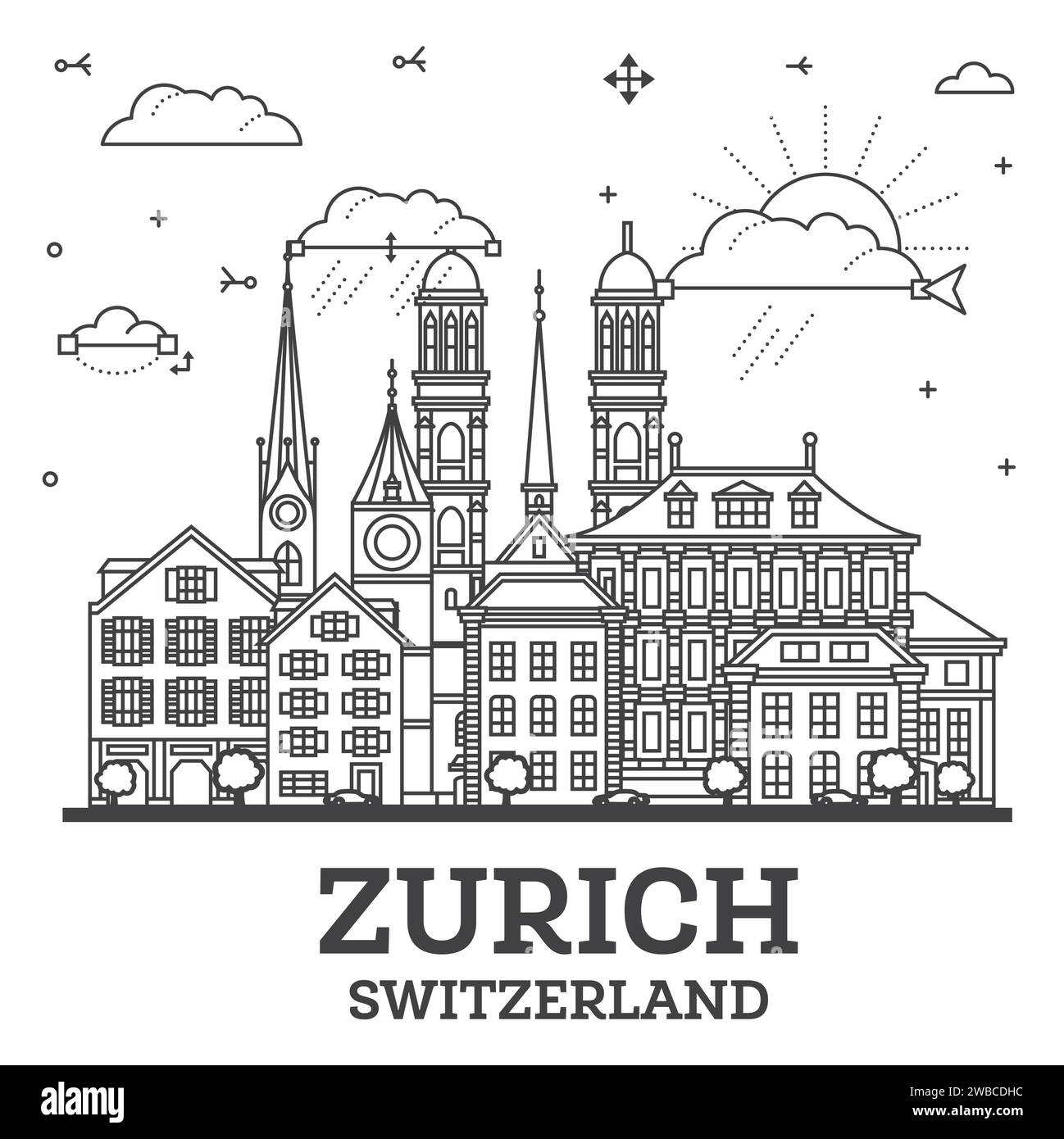 Outline Zurich Switzerland City Skyline with Modern and Historic ...