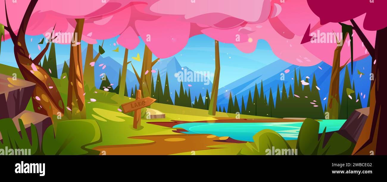 Spring mountain lake with sakura trees. Vector cartoon illustration of beautiful scenery with blue water, pink cherry blossom petals flying in air, green grass on hills, road sign indicating direction Stock Vector