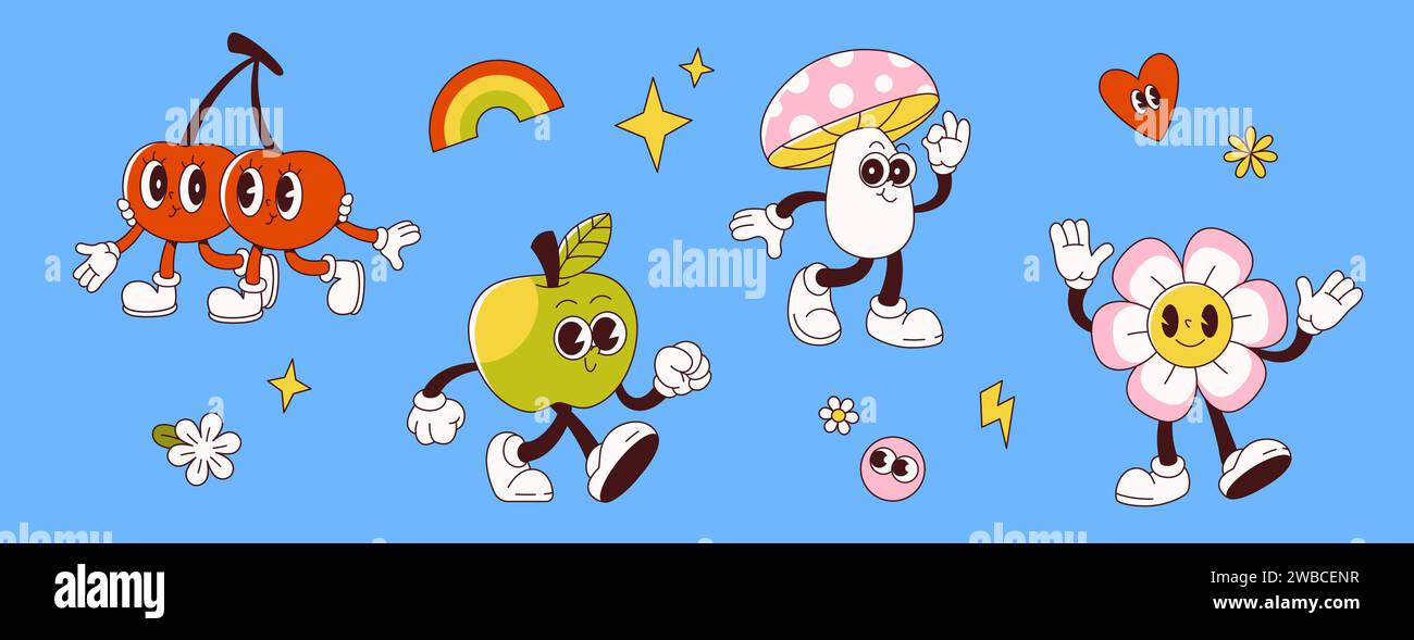 Y2k groovy characters set isolated on blue background. Vector cartoon illustration of happy cherry, mushroom, daisy flower, apple mascots smiling, rainbow, heart, star, lightning symbol, retrowave art Stock Vector