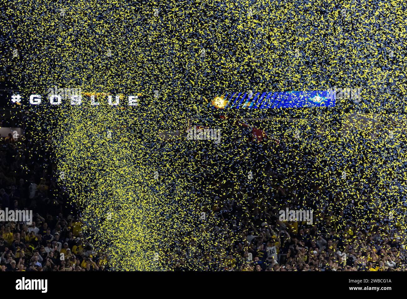 Confetti rains down as the Michigan Wolverines claim victory during the 2024 College Football Playoff National Championship game, Tuesday, Feb. 21, 20 Stock Photo
