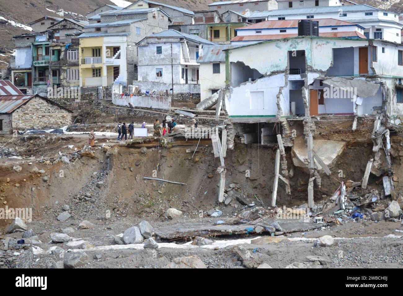 Damaged buildings due to Kedarnath disaster in June 2013. In 2013, a multi-day cloudburst centered on the North Indian state of Uttarakhand caused cou Stock Photo