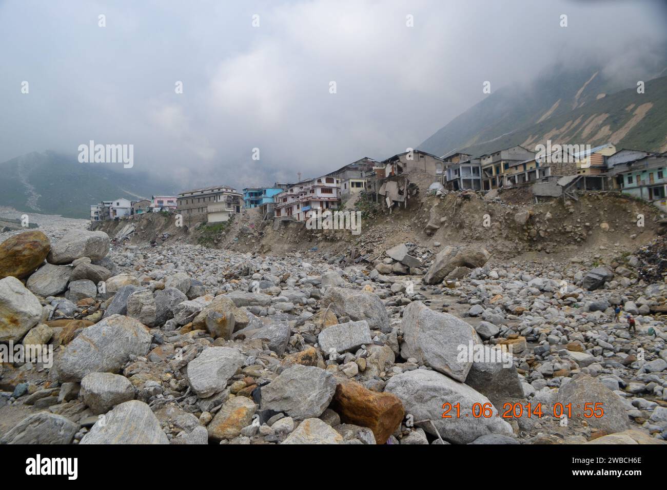 Damaged buildings in Kedarnath disaster June 2013. In June 2013, a multi-day cloudburst centered on the North Indian state of Uttarakhand caused devas Stock Photo