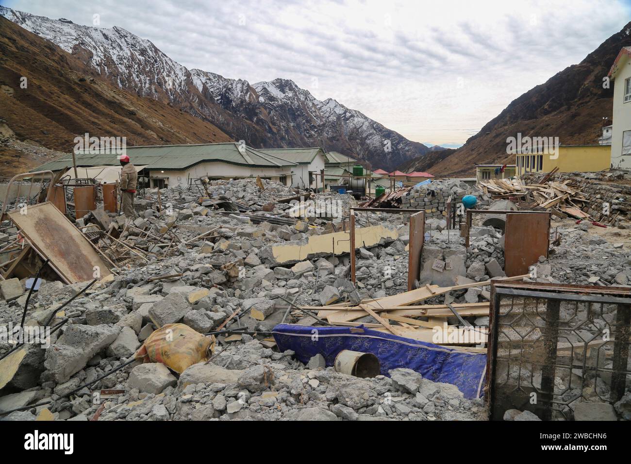 Demolished buildings for Kedarnath reconstruction in Uttarakhand. Government made a reconstruction plan for the Kedarnath temple area that was damaged in floods of 2013. Stock Photo
