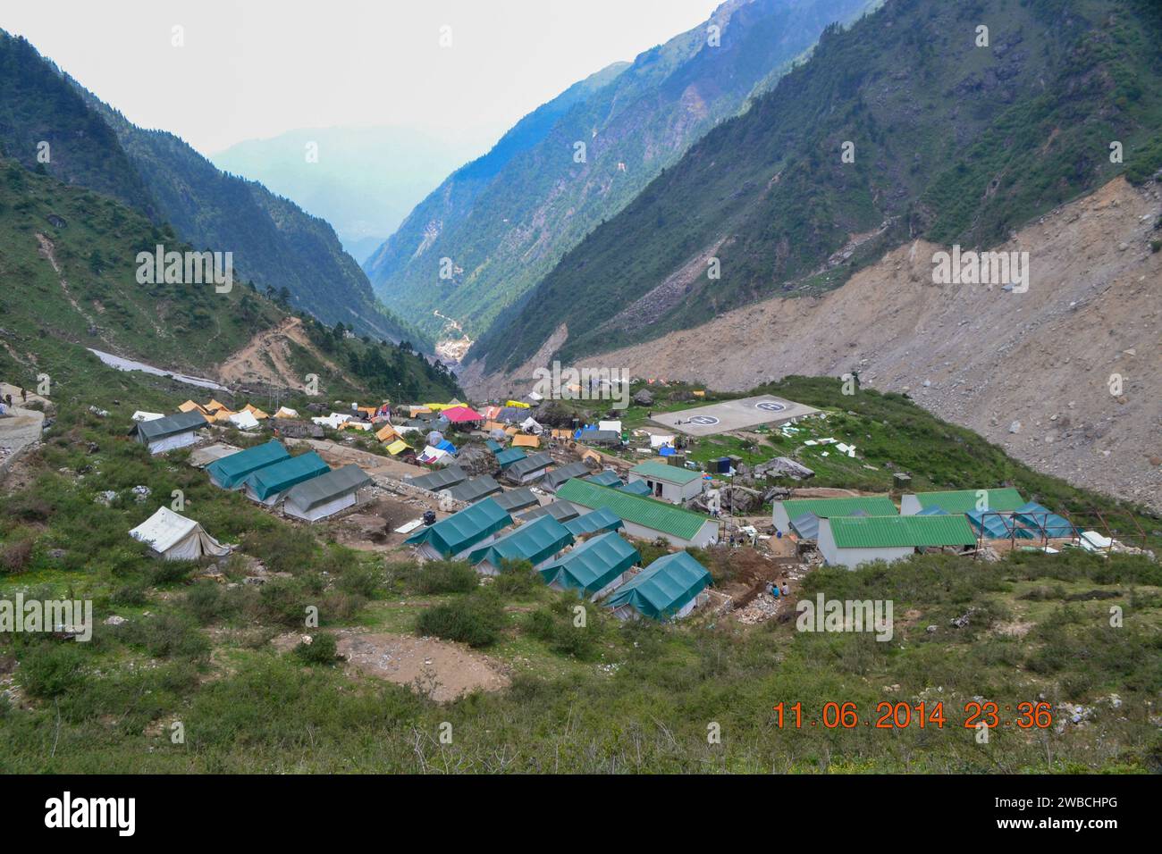 Kedarnath base camp established after Kedarnath disaster. In June 2013, a multi-day cloudburst centered on the North Indian state of Uttarakhand caused devastating floods and landslides. Stock Photo