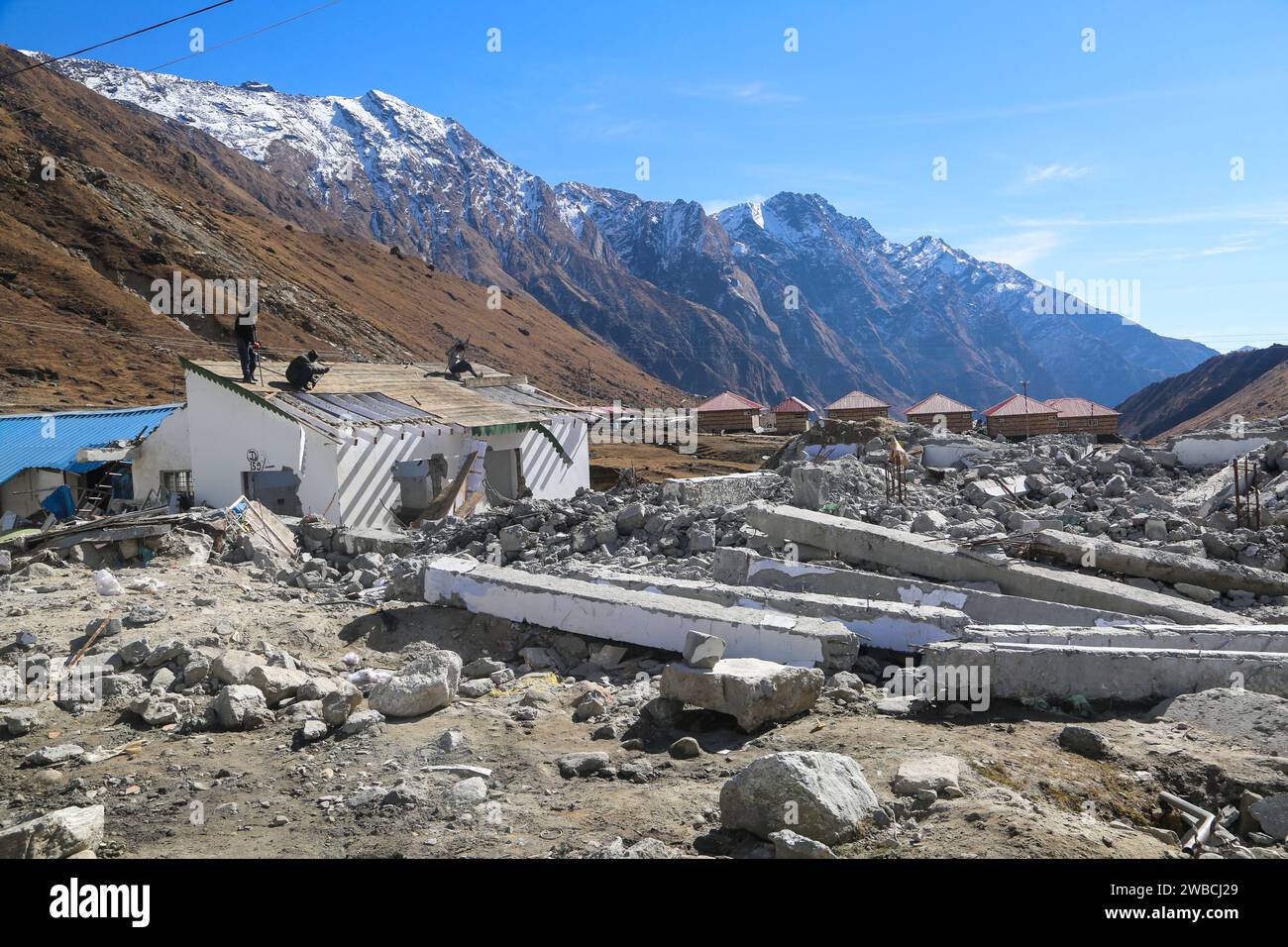 Demolished buildings for Kedarnath reconstruction in Uttarakhand. Government made a reconstruction plan for the Kedarnath temple area that was damaged in floods of 2013. Stock Photo