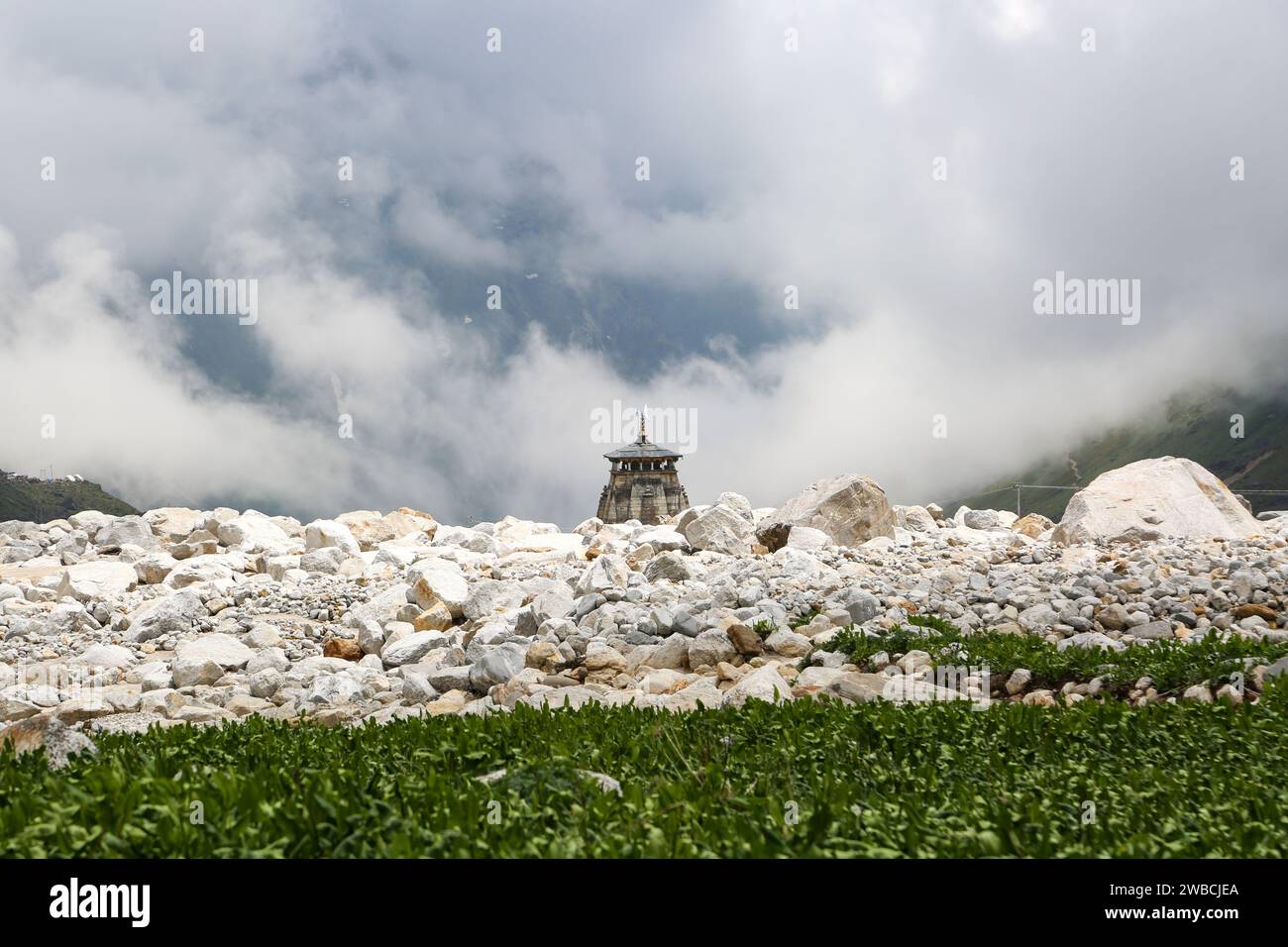 Kedarnath temple view in the scenario of disaster. Kedarnath temple is a Hindu temple dedicated to Shiva. Located on the Garhwal Himalayan range near the Mandakini river. Stock Photo