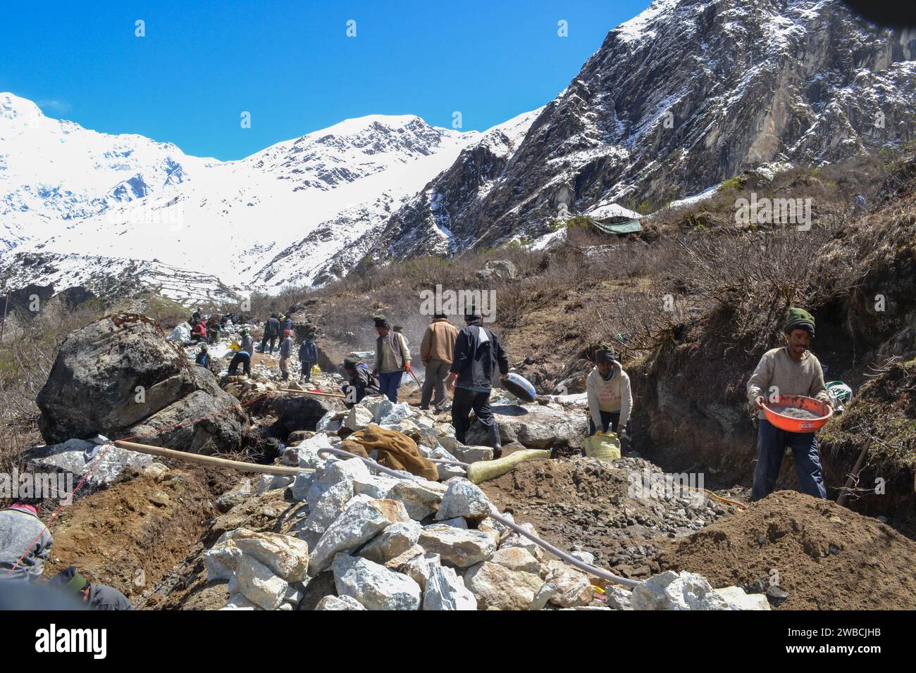 Rudarprayag, Uttarakhand, India, May 18 2014, Laborer working in Kedarnath reconstruction project. There is a reconstruction plan for the Kedarnath temple area that was damaged in the Uttarakhand floods of 2013. Stock Photo