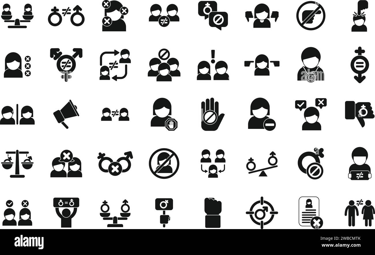 Gender discrimination icons set simple vector. Harassment workplace. Work abuse balance Stock Vector