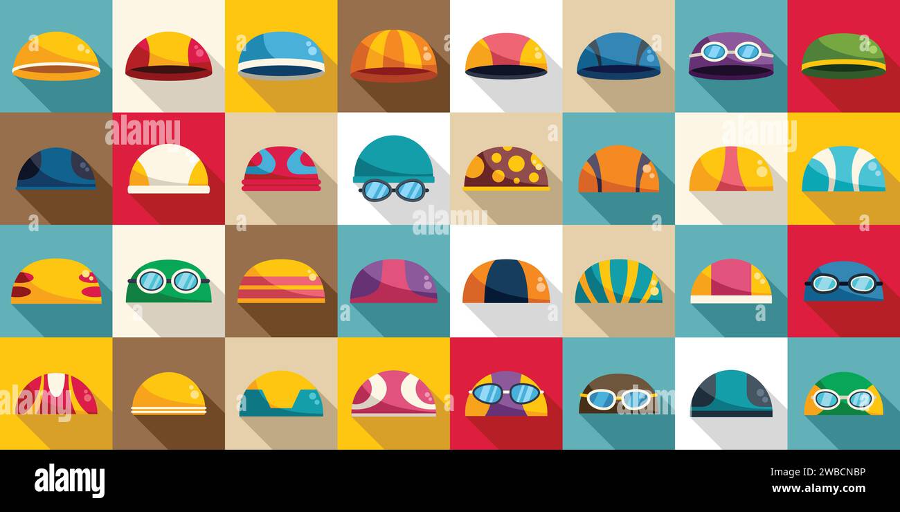Swimming cap icons set flat vector. Swim pool dive. Swimmer mask Stock