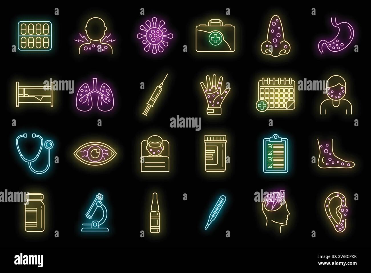 Human measles icons set. Outline set of human measles vector icons neon ...