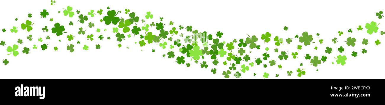 St. Patrick Day shamrock clover background. Wavy vector border with flying green leaves for posters banners and greeting cards. Stock Vector