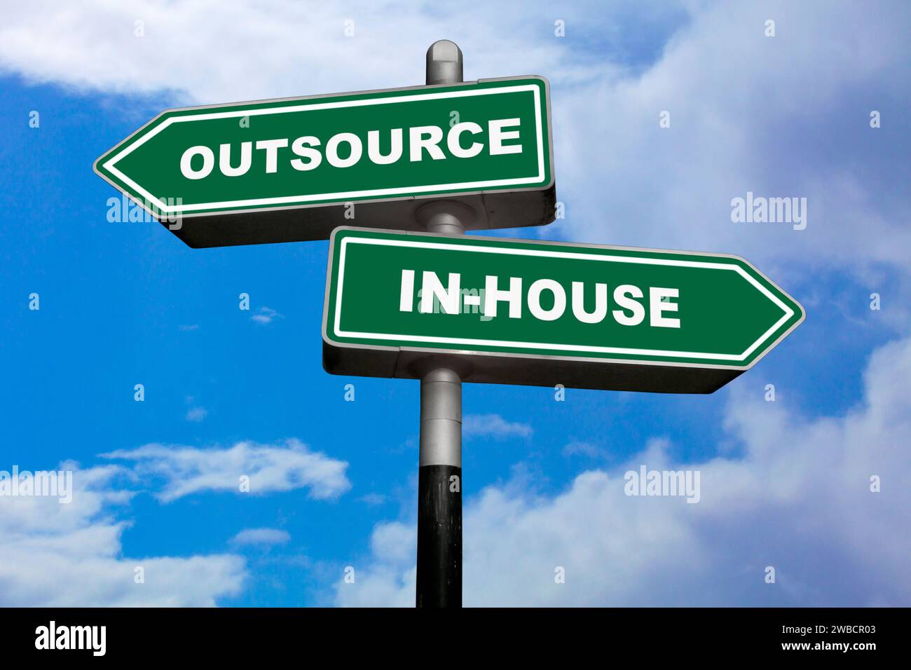 Two direction signs, one pointing left (Outsource), and the other one, pointing right (In-house). Stock Photo