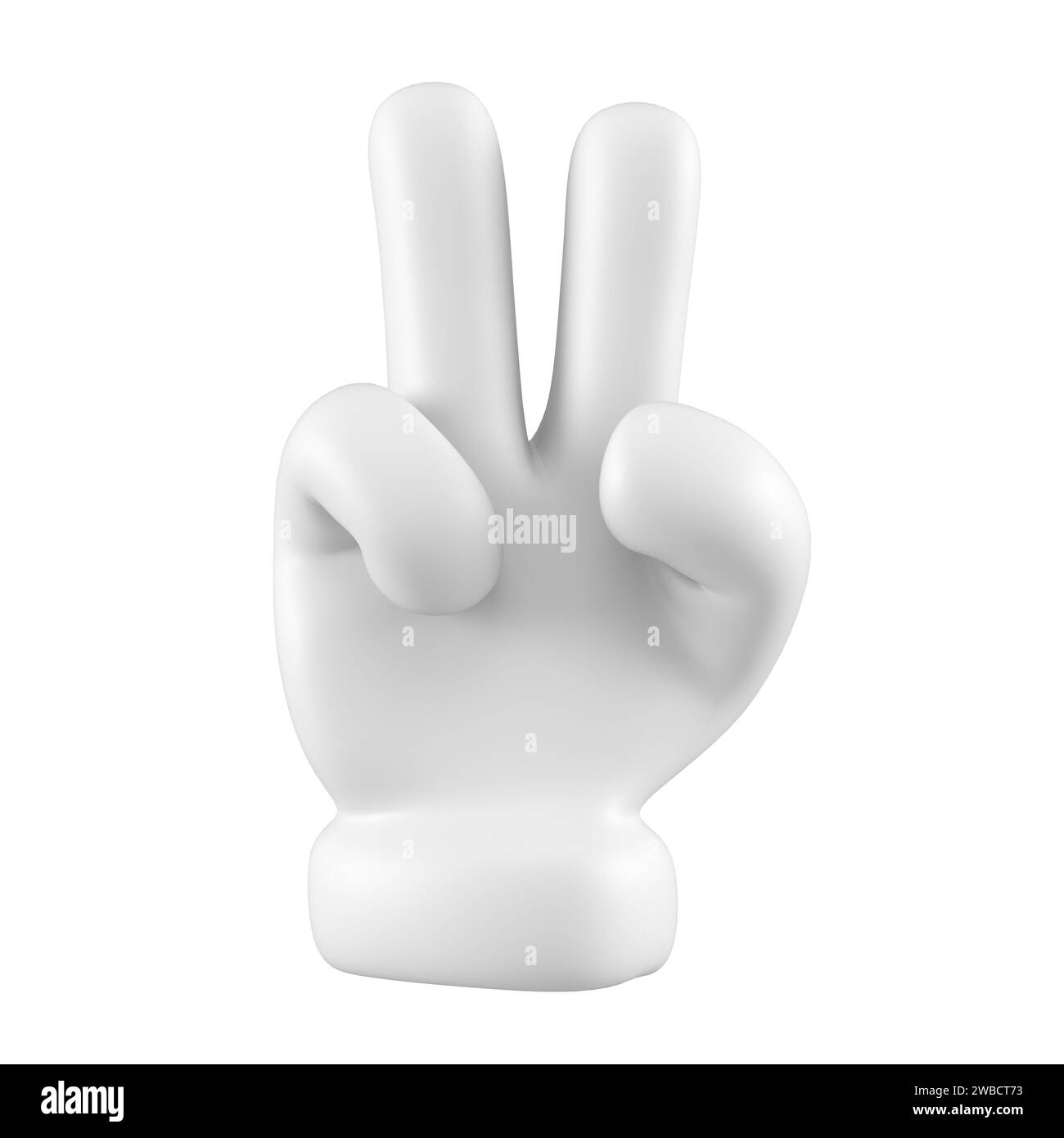 White emoji cute peace gesture isolated. Character hand icon, symbol, signal and sign. 3d rendering. Stock Photo
