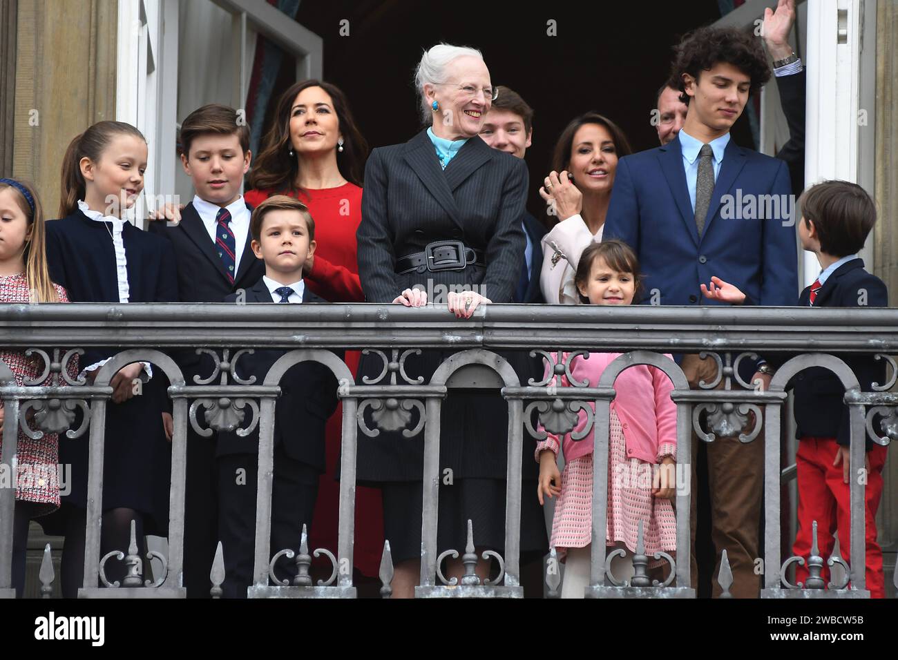 Copenhagen/Denmark 16 April 2018  .H.M.Queen Margrethe II celebrates 78 years birthday come ouat Amalienborg Palce balacy compnay her prince Joachim and crown prince frederiks was absent from balcony so her husband Psrince Henrik who died some months back at balacoy Crown princess Mary and her all children pincess and prince and Prince Joachim and Princess Marie and thier all children today on monday 16 pareil 2018 Photo.Francis Joseph Dean / Deanpictures. Stock Photo