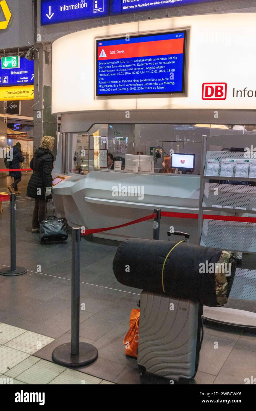 10 January 2024, Hesse, Frankfurt/Main Luggage stands in front of an
